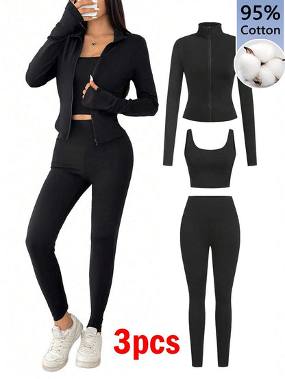 SHEIN EZwear Black Knit Women Zip-Up Cardigan + Camisole + Pants 3Pcs Sportswear Casual Set Gym Workout Autumn