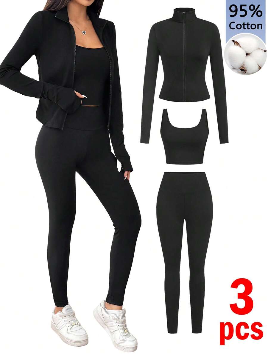 SHEIN EZwear Black Knit Women Zip-Up Cardigan + Camisole + Pants 3Pcs Sportswear Casual Set Gym Workout Autumn