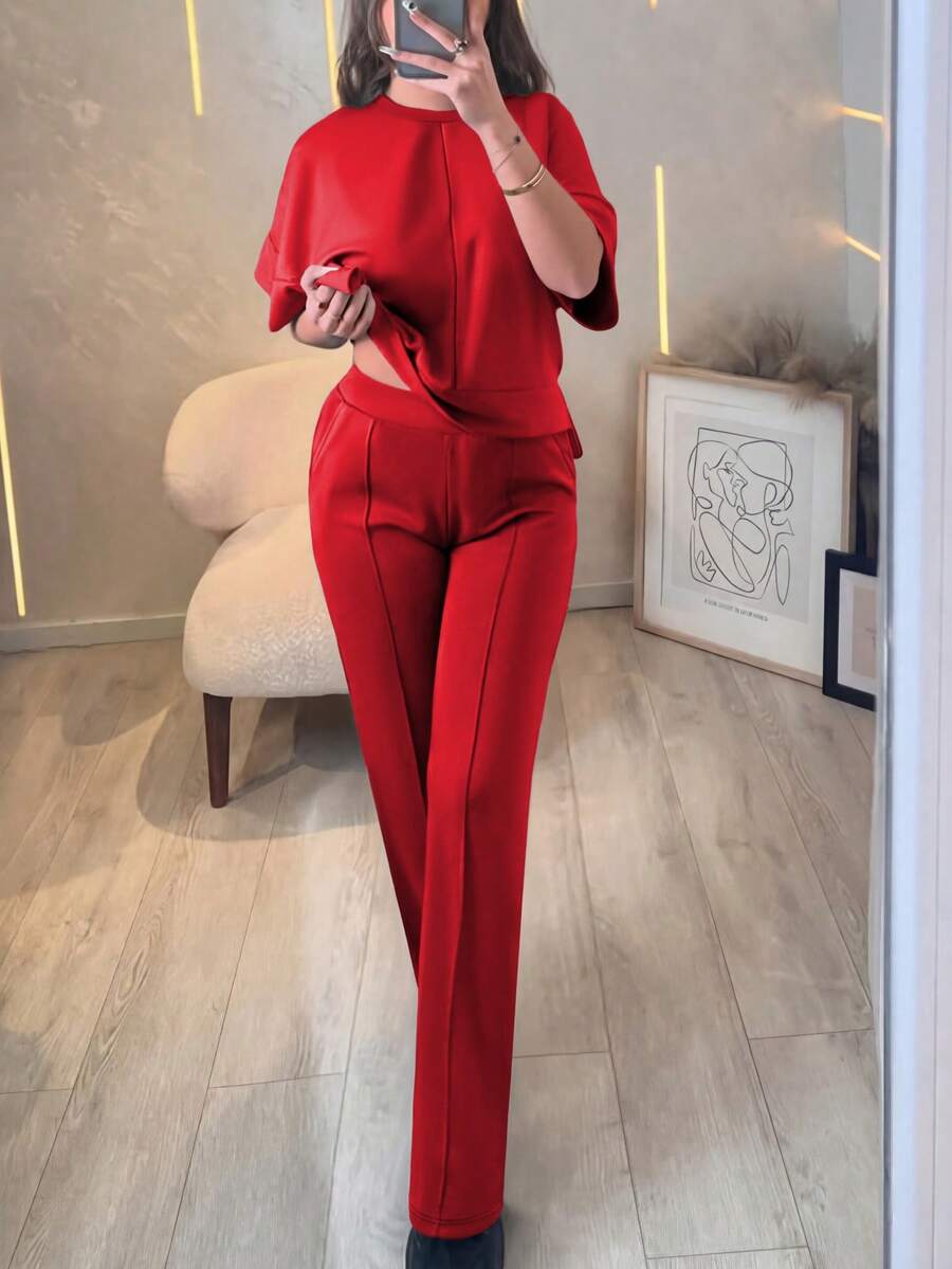Women's 2 Pieces Casual Outfit, Comfortable Solid Color Short Sleeve Top Paired With Elastic Waist Pocket Pants, Soft Polyester-Spandex Fabric, Spring/Summer Elegant
