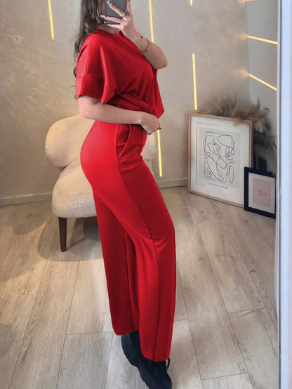 Women's 2 Pieces Casual Outfit, Comfortable Solid Color Short Sleeve Top Paired With Elastic Waist Pocket Pants, Soft Polyester-Spandex Fabric, Spring/Summer Elegant