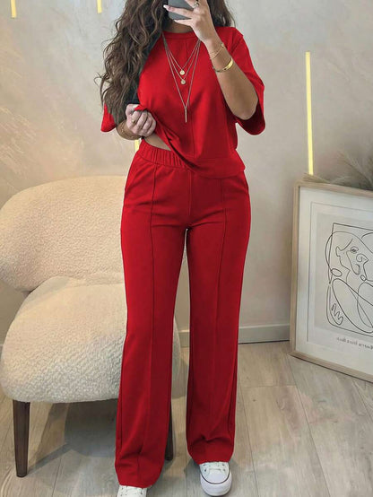 Women's 2 Pieces Casual Outfit, Comfortable Solid Color Short Sleeve Top Paired With Elastic Waist Pocket Pants, Soft Polyester-Spandex Fabric, Spring/Summer Elegant