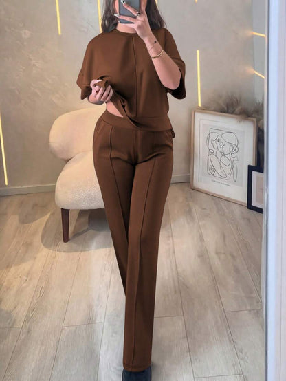 Women's 2 Pieces Casual Outfit, Comfortable Solid Color Short Sleeve Top Paired With Elastic Waist Pocket Pants, Soft Polyester-Spandex Fabric, Spring/Summer Elegant