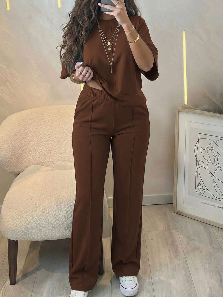 Women's 2 Pieces Casual Outfit, Comfortable Solid Color Short Sleeve Top Paired With Elastic Waist Pocket Pants, Soft Polyester-Spandex Fabric, Spring/Summer Elegant