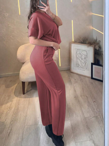 Women's 2 Pieces Casual Outfit, Comfortable Solid Color Short Sleeve Top Paired With Elastic Waist Pocket Pants, Soft Polyester-Spandex Fabric, Spring/Summer Elegant