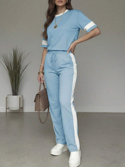 Spring/Summer Women's Casual Matching Contrast Color Round Neck Short Sleeve Top And High Waist Drawstring Straight Leg Pants 2 Pieces Set Elegant