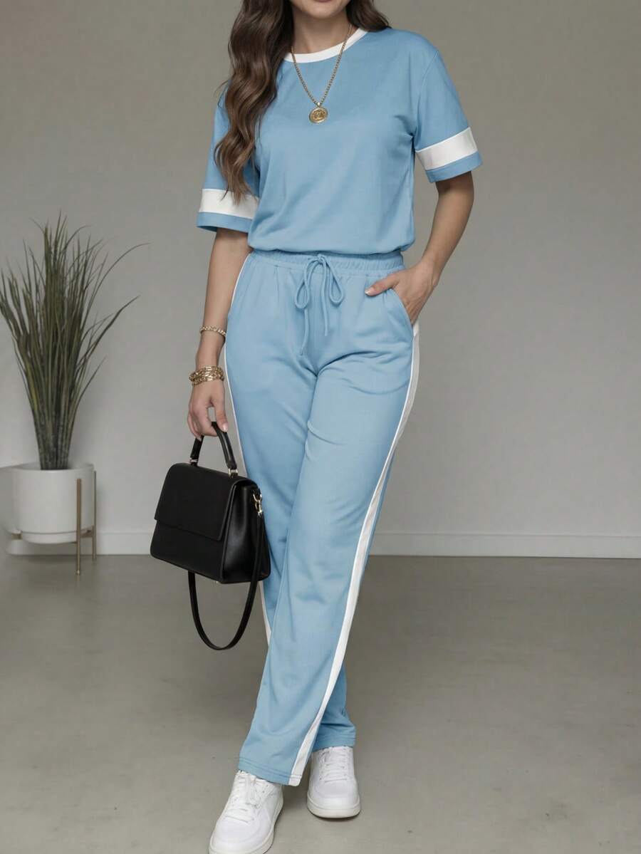 Spring/Summer Women's Casual Matching Contrast Color Round Neck Short Sleeve Top And High Waist Drawstring Straight Leg Pants 2 Pieces Set Elegant