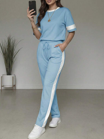Spring/Summer Women's Casual Matching Contrast Color Round Neck Short Sleeve Top And High Waist Drawstring Straight Leg Pants 2 Pieces Set Elegant