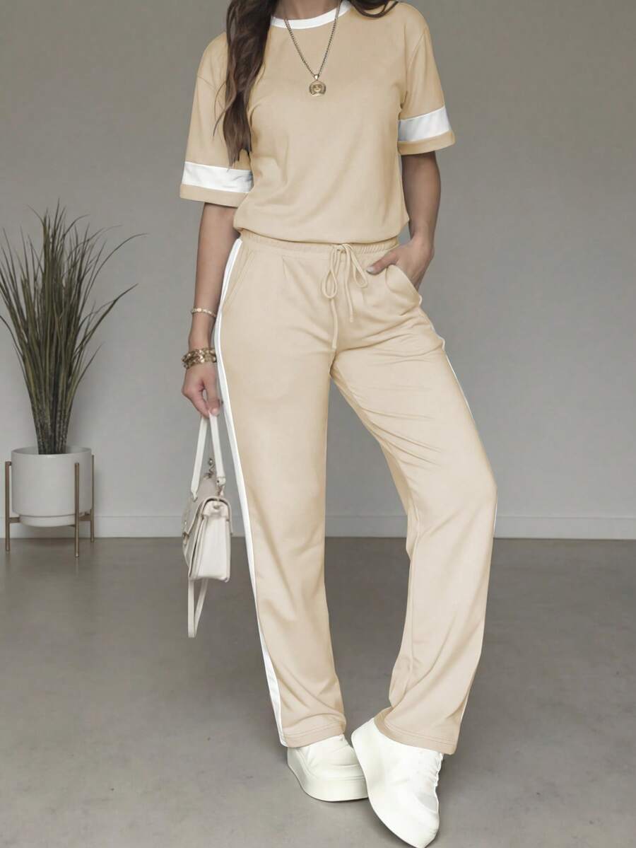 Spring/Summer Women's Casual Matching Contrast Color Round Neck Short Sleeve Top And High Waist Drawstring Straight Leg Pants 2 Pieces Set Elegant