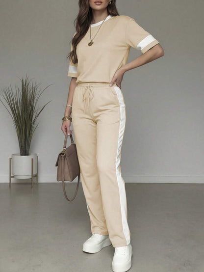 Spring/Summer Women's Casual Matching Contrast Color Round Neck Short Sleeve Top And High Waist Drawstring Straight Leg Pants 2 Pieces Set Elegant