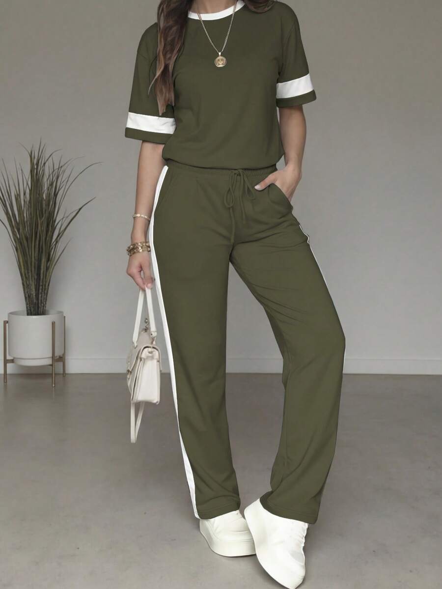 Spring/Summer Women's Casual Matching Contrast Color Round Neck Short Sleeve Top And High Waist Drawstring Straight Leg Pants 2 Pieces Set Elegant