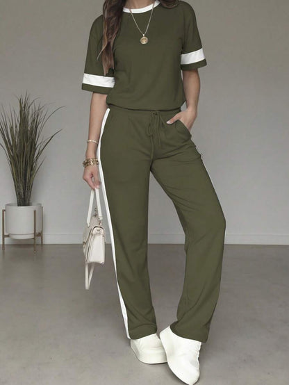Spring/Summer Women's Casual Matching Contrast Color Round Neck Short Sleeve Top And High Waist Drawstring Straight Leg Pants 2 Pieces Set Elegant