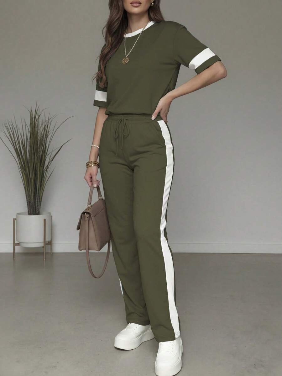 Spring/Summer Women's Casual Matching Contrast Color Round Neck Short Sleeve Top And High Waist Drawstring Straight Leg Pants 2 Pieces Set Elegant