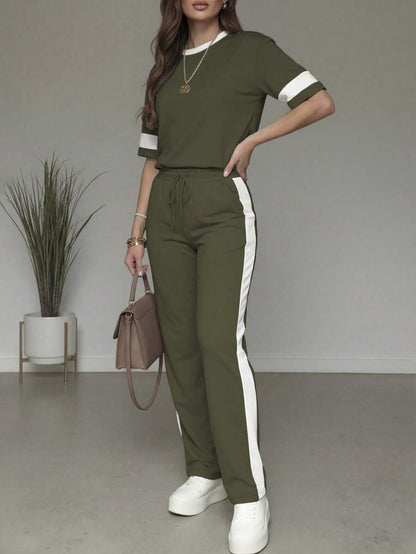 Spring/Summer Women's Casual Matching Contrast Color Round Neck Short Sleeve Top And High Waist Drawstring Straight Leg Pants 2 Pieces Set Elegant