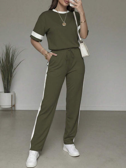 Spring/Summer Women's Casual Matching Contrast Color Round Neck Short Sleeve Top And High Waist Drawstring Straight Leg Pants 2 Pieces Set Elegant