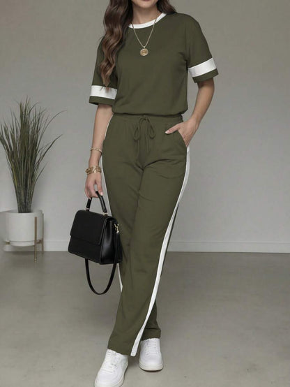 Spring/Summer Women's Casual Matching Contrast Color Round Neck Short Sleeve Top And High Waist Drawstring Straight Leg Pants 2 Pieces Set Elegant