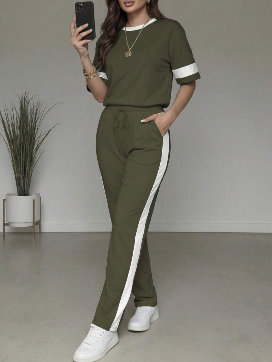 Spring/Summer Women's Casual Matching Contrast Color Round Neck Short Sleeve Top And High Waist Drawstring Straight Leg Pants 2 Pieces Set Elegant