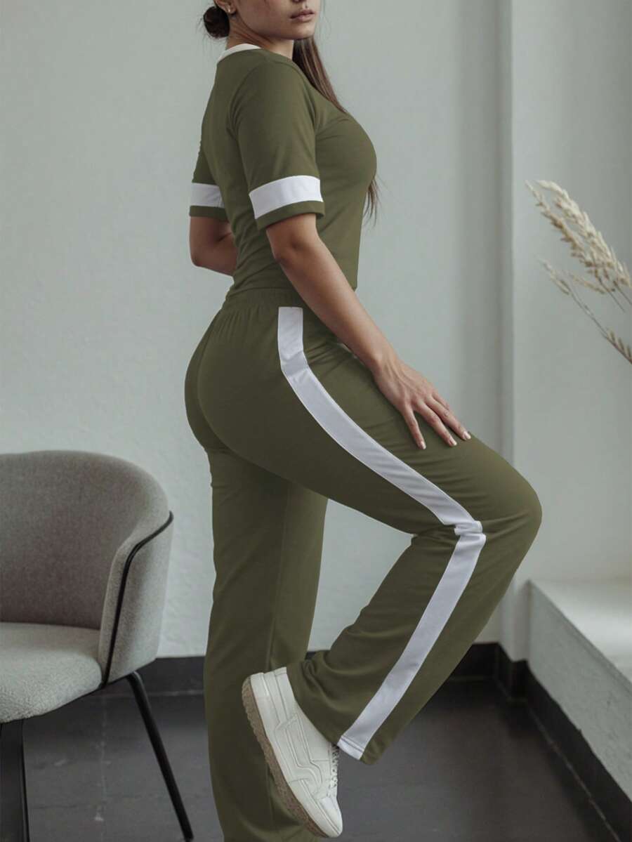Spring/Summer Women's Casual Matching Contrast Color Round Neck Short Sleeve Top And High Waist Drawstring Straight Leg Pants 2 Pieces Set Elegant