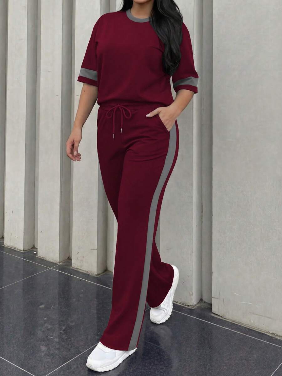 Spring/Summer Women's Casual Matching Contrast Color Round Neck Short Sleeve Top And High Waist Drawstring Straight Leg Pants 2 Pieces Set Elegant