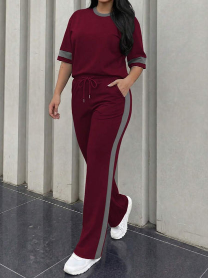 Spring/Summer Women's Casual Matching Contrast Color Round Neck Short Sleeve Top And High Waist Drawstring Straight Leg Pants 2 Pieces Set Elegant
