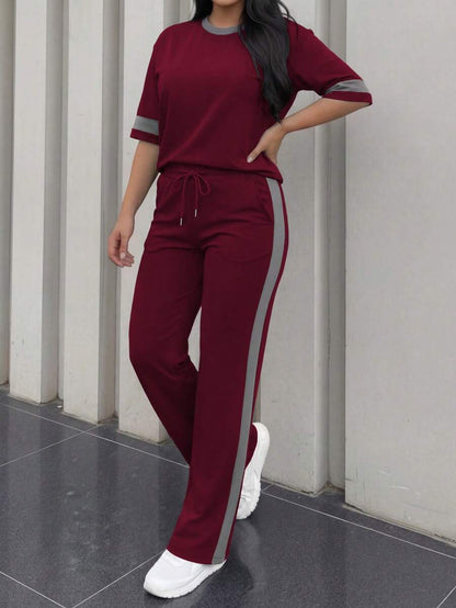 Spring/Summer Women's Casual Matching Contrast Color Round Neck Short Sleeve Top And High Waist Drawstring Straight Leg Pants 2 Pieces Set Elegant