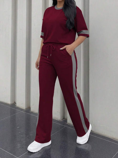 Spring/Summer Women's Casual Matching Contrast Color Round Neck Short Sleeve Top And High Waist Drawstring Straight Leg Pants 2 Pieces Set Elegant