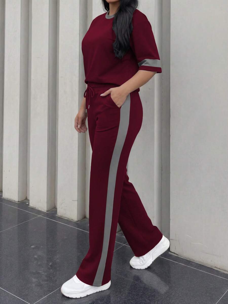 Spring/Summer Women's Casual Matching Contrast Color Round Neck Short Sleeve Top And High Waist Drawstring Straight Leg Pants 2 Pieces Set Elegant