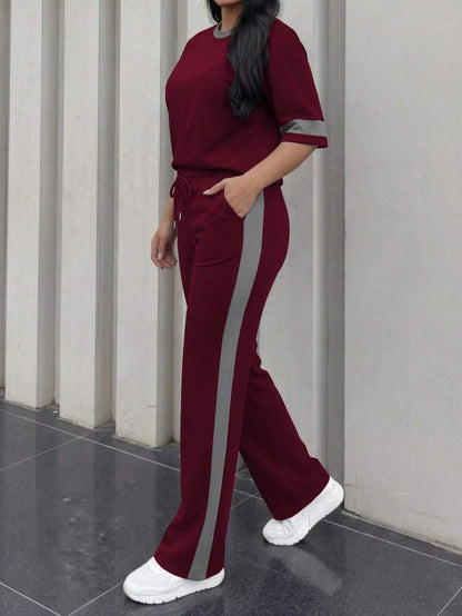 Spring/Summer Women's Casual Matching Contrast Color Round Neck Short Sleeve Top And High Waist Drawstring Straight Leg Pants 2 Pieces Set Elegant