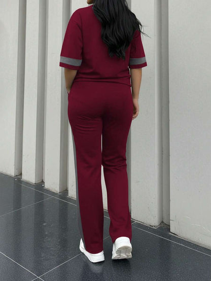 Spring/Summer Women's Casual Matching Contrast Color Round Neck Short Sleeve Top And High Waist Drawstring Straight Leg Pants 2 Pieces Set Elegant