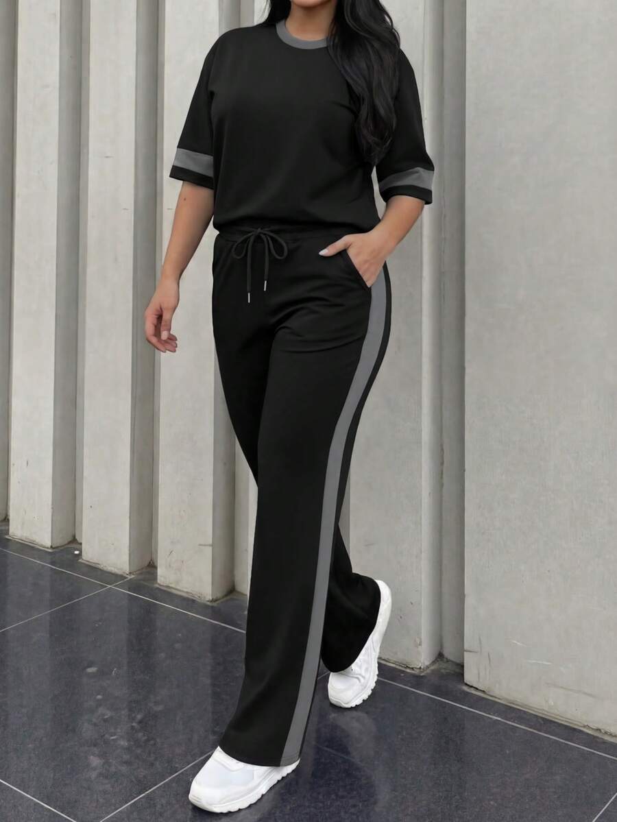 Spring/Summer Women's Casual Matching Contrast Color Round Neck Short Sleeve Top And High Waist Drawstring Straight Leg Pants 2 Pieces Set Elegant