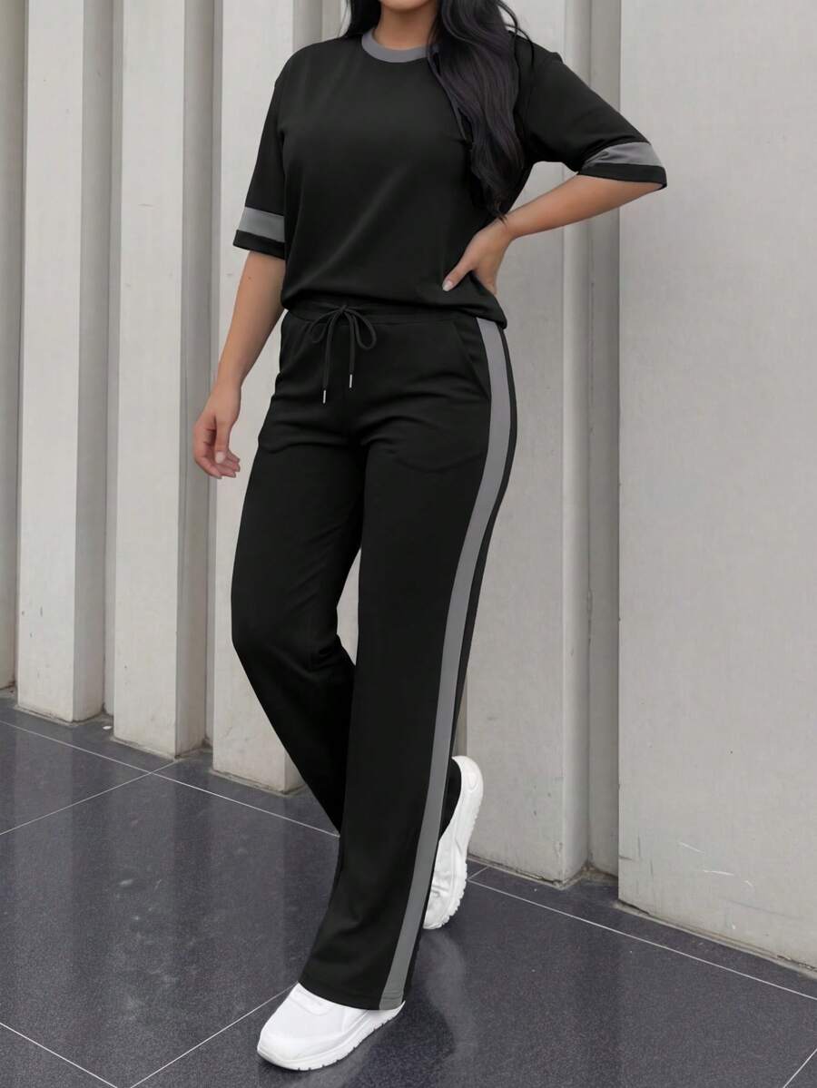 Spring/Summer Women's Casual Matching Contrast Color Round Neck Short Sleeve Top And High Waist Drawstring Straight Leg Pants 2 Pieces Set Elegant
