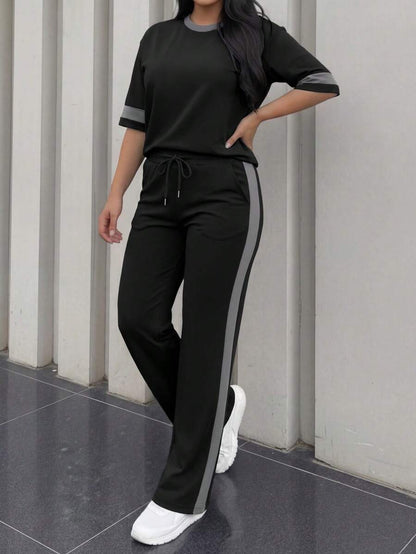Spring/Summer Women's Casual Matching Contrast Color Round Neck Short Sleeve Top And High Waist Drawstring Straight Leg Pants 2 Pieces Set Elegant