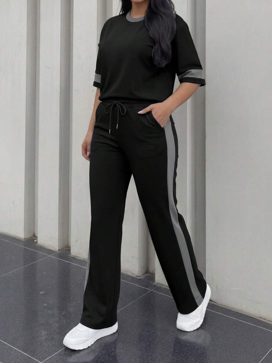 Spring/Summer Women's Casual Matching Contrast Color Round Neck Short Sleeve Top And High Waist Drawstring Straight Leg Pants 2 Pieces Set Elegant