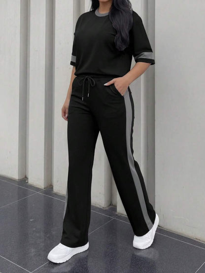 Spring/Summer Women's Casual Matching Contrast Color Round Neck Short Sleeve Top And High Waist Drawstring Straight Leg Pants 2 Pieces Set Elegant