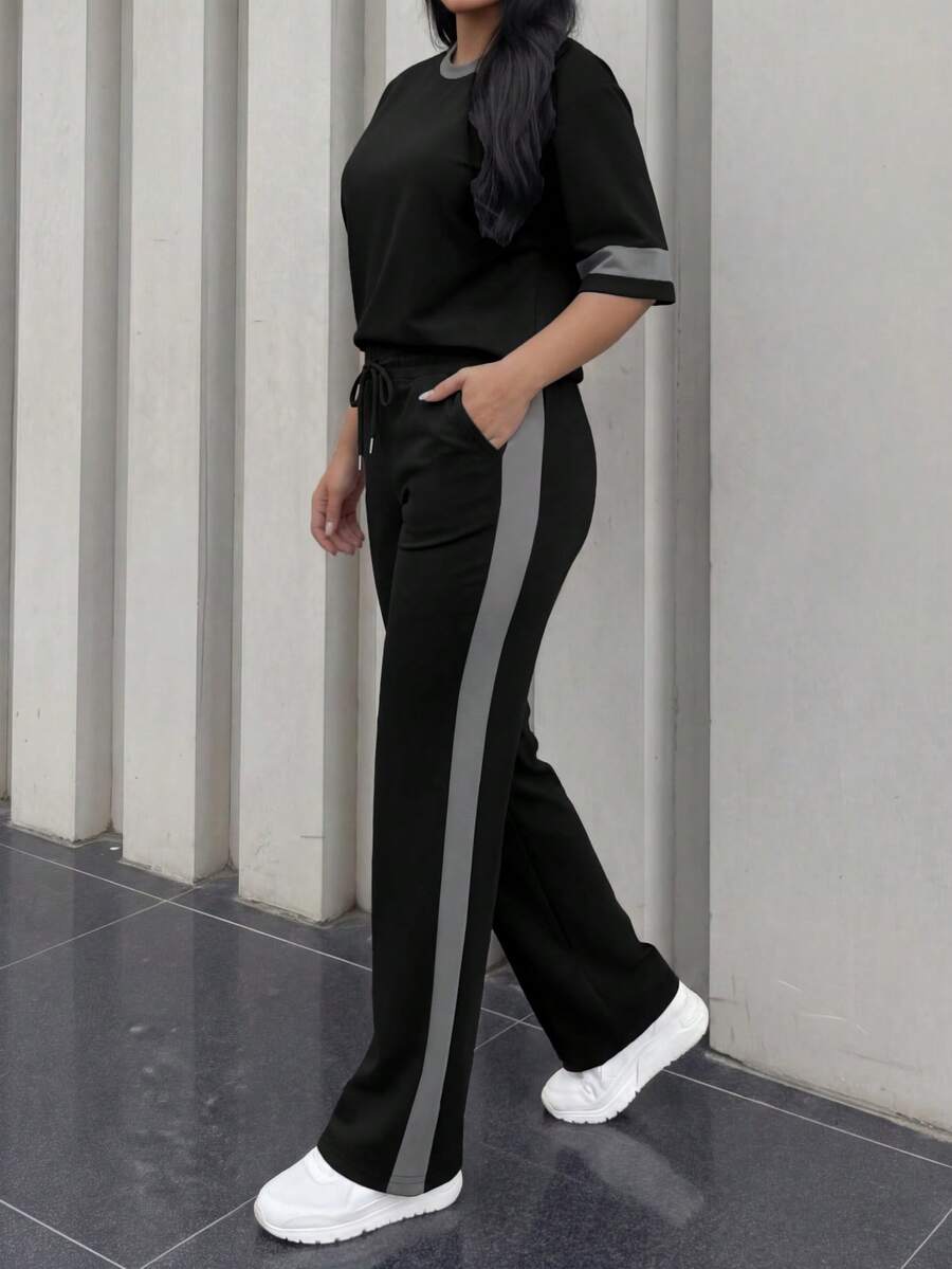 Spring/Summer Women's Casual Matching Contrast Color Round Neck Short Sleeve Top And High Waist Drawstring Straight Leg Pants 2 Pieces Set Elegant