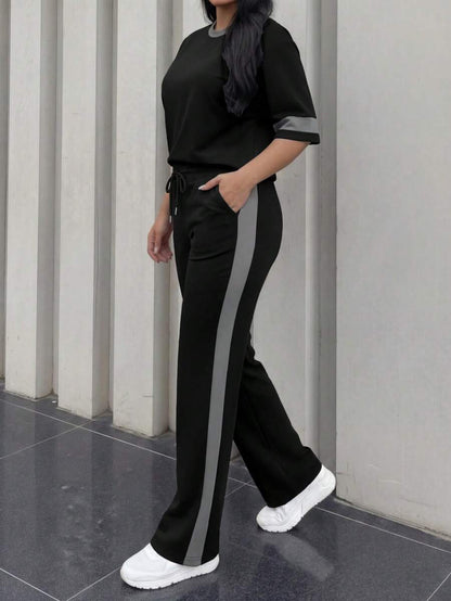 Spring/Summer Women's Casual Matching Contrast Color Round Neck Short Sleeve Top And High Waist Drawstring Straight Leg Pants 2 Pieces Set Elegant
