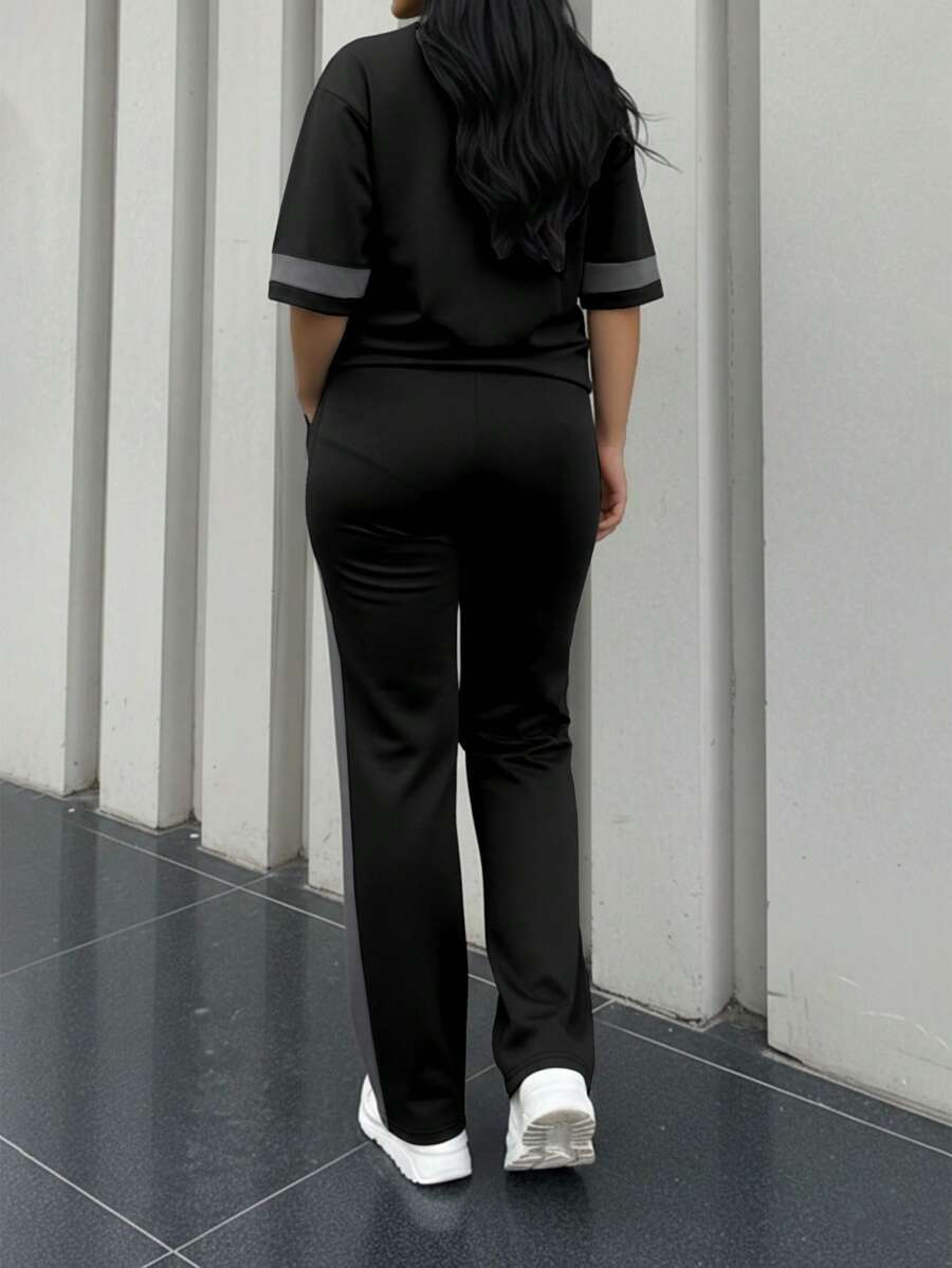 Spring/Summer Women's Casual Matching Contrast Color Round Neck Short Sleeve Top And High Waist Drawstring Straight Leg Pants 2 Pieces Set Elegant