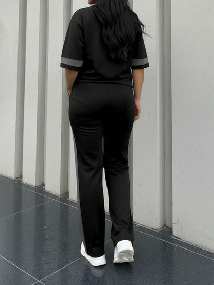 Spring/Summer Women's Casual Matching Contrast Color Round Neck Short Sleeve Top And High Waist Drawstring Straight Leg Pants 2 Pieces Set Elegant