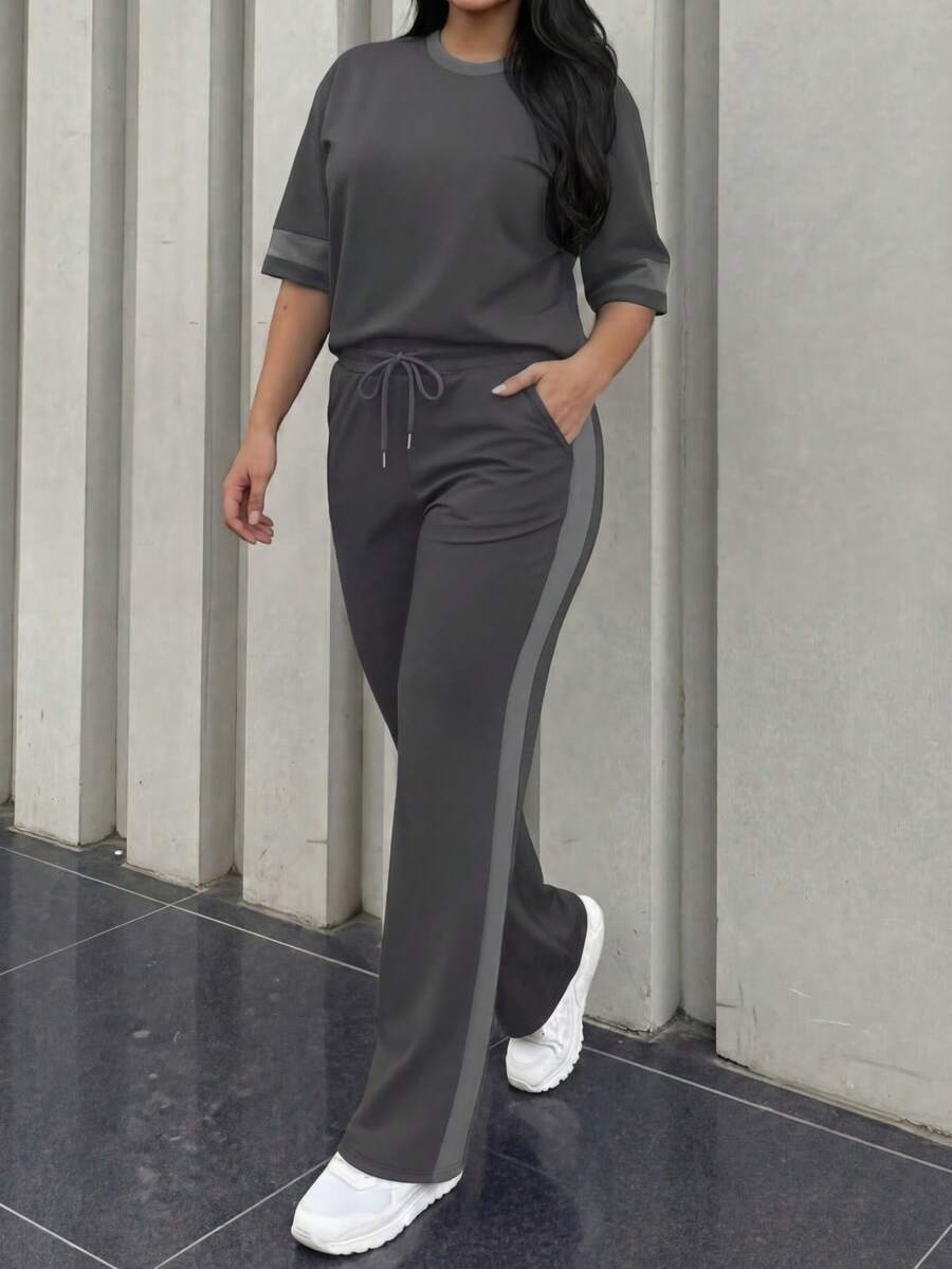 Spring/Summer Women's Casual Matching Contrast Color Round Neck Short Sleeve Top And High Waist Drawstring Straight Leg Pants 2 Pieces Set Elegant