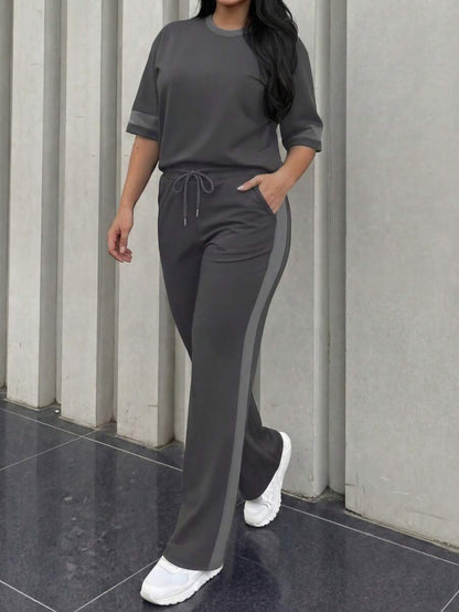 Spring/Summer Women's Casual Matching Contrast Color Round Neck Short Sleeve Top And High Waist Drawstring Straight Leg Pants 2 Pieces Set Elegant