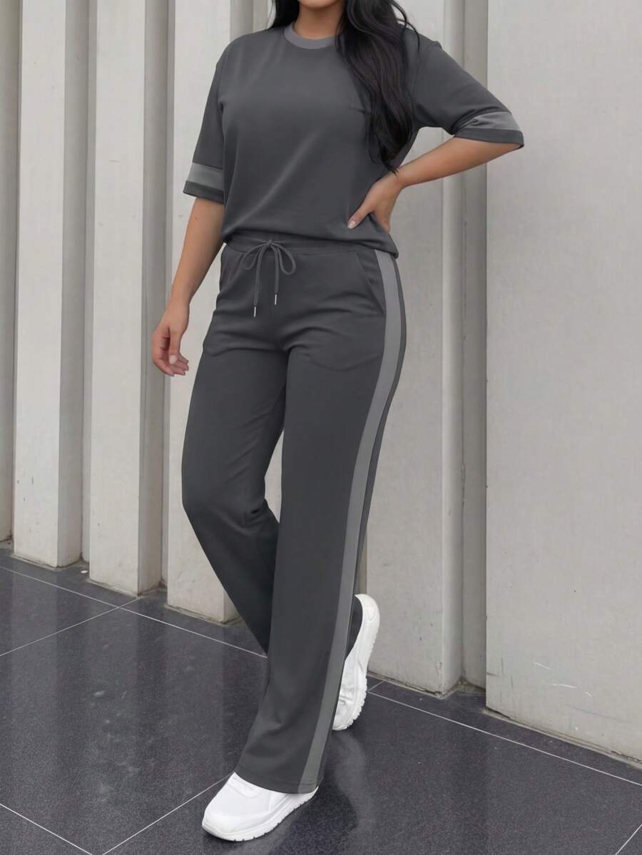 Spring/Summer Women's Casual Matching Contrast Color Round Neck Short Sleeve Top And High Waist Drawstring Straight Leg Pants 2 Pieces Set Elegant