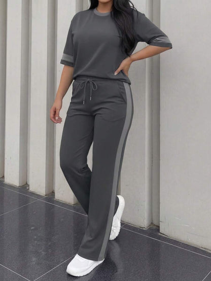 Spring/Summer Women's Casual Matching Contrast Color Round Neck Short Sleeve Top And High Waist Drawstring Straight Leg Pants 2 Pieces Set Elegant