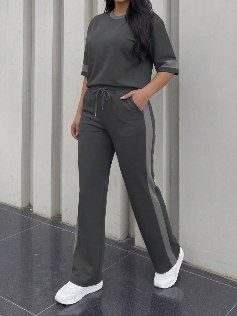 Spring/Summer Women's Casual Matching Contrast Color Round Neck Short Sleeve Top And High Waist Drawstring Straight Leg Pants 2 Pieces Set Elegant