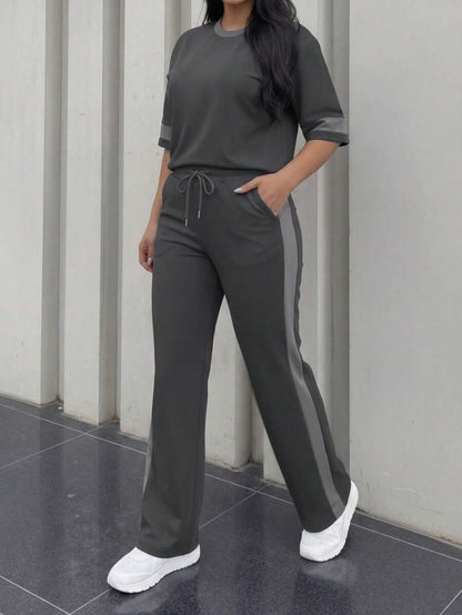 Spring/Summer Women's Casual Matching Contrast Color Round Neck Short Sleeve Top And High Waist Drawstring Straight Leg Pants 2 Pieces Set Elegant