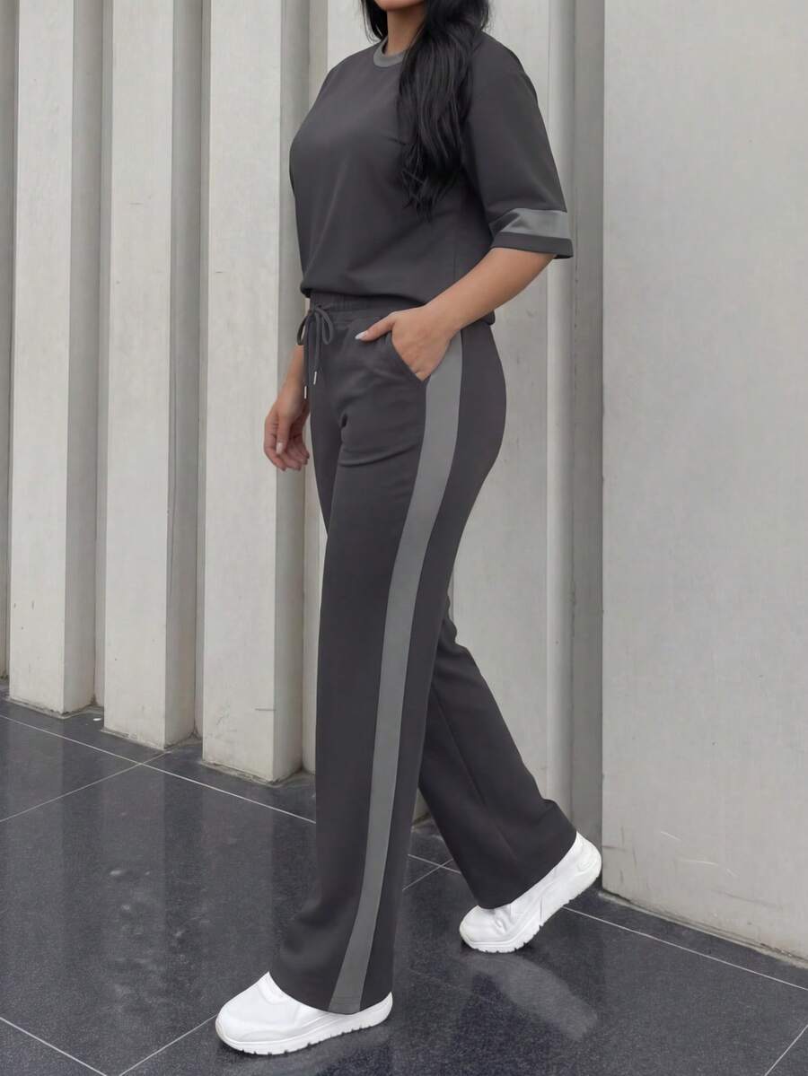 Spring/Summer Women's Casual Matching Contrast Color Round Neck Short Sleeve Top And High Waist Drawstring Straight Leg Pants 2 Pieces Set Elegant