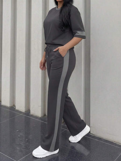 Spring/Summer Women's Casual Matching Contrast Color Round Neck Short Sleeve Top And High Waist Drawstring Straight Leg Pants 2 Pieces Set Elegant