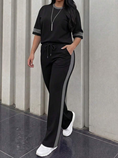 Spring/Summer Women's Casual Matching Contrast Color Round Neck Short Sleeve Top And High Waist Drawstring Straight Leg Pants 2 Pieces Set Elegant