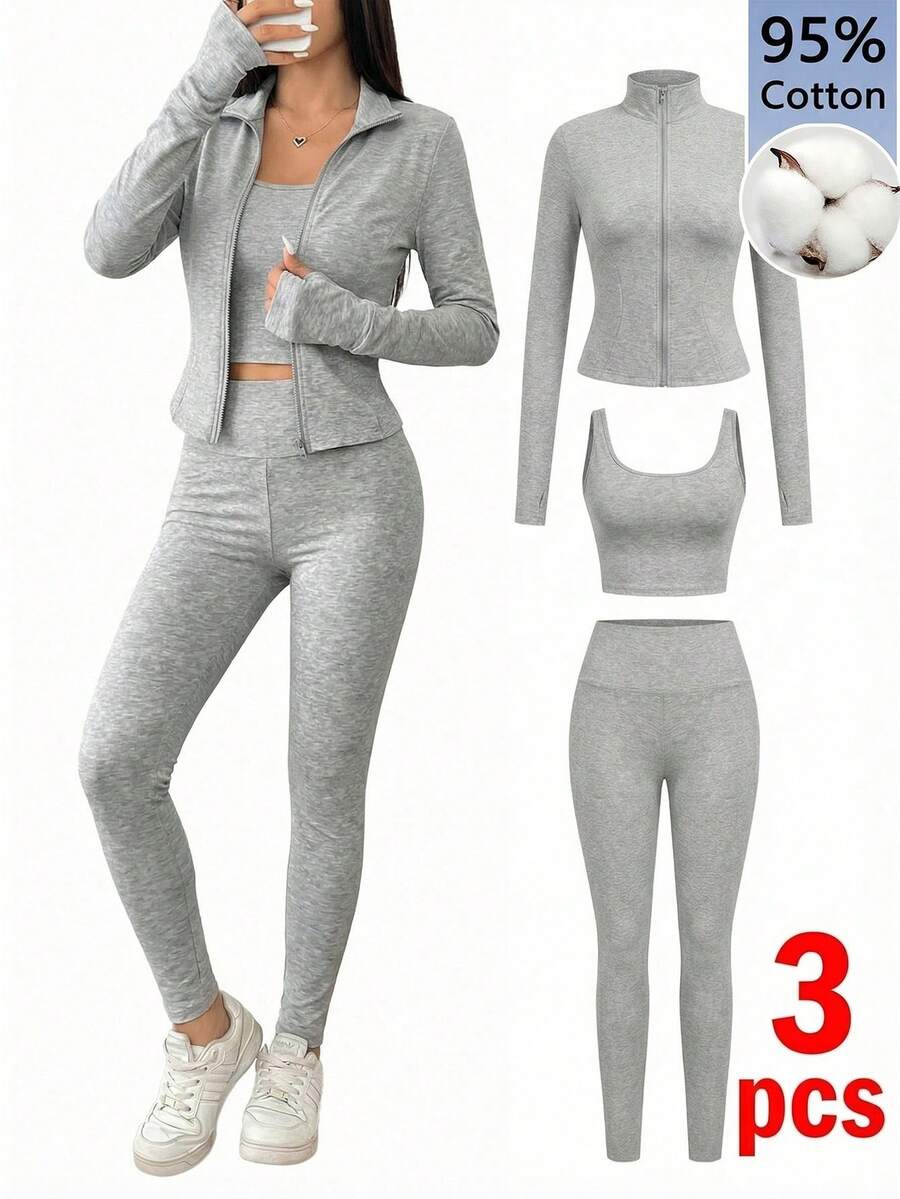 SHEIN EZwear Black Knit Women Zip-Up Cardigan + Camisole + Pants 3Pcs Sportswear Casual Set Gym Workout Autumn