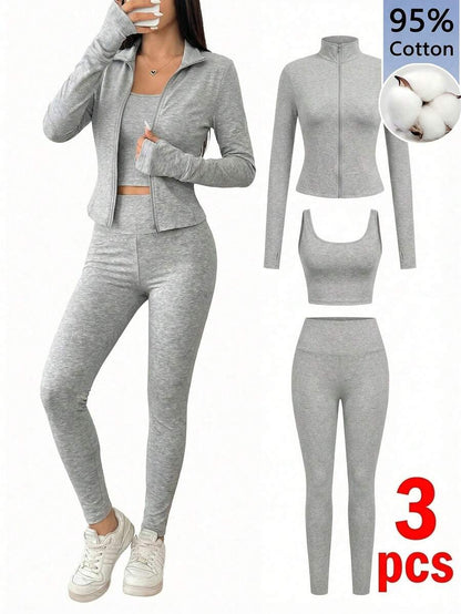 SHEIN EZwear Black Knit Women Zip-Up Cardigan + Camisole + Pants 3Pcs Sportswear Casual Set Gym Workout Autumn