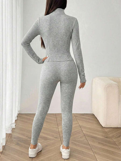 SHEIN EZwear Black Knit Women Zip-Up Cardigan + Camisole + Pants 3Pcs Sportswear Casual Set Gym Workout Autumn