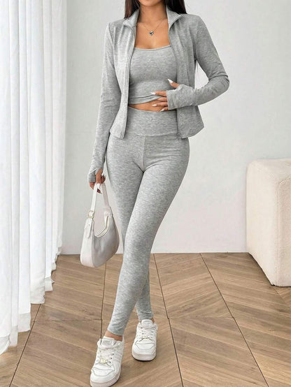 SHEIN EZwear Black Knit Women Zip-Up Cardigan + Camisole + Pants 3Pcs Sportswear Casual Set Gym Workout Autumn